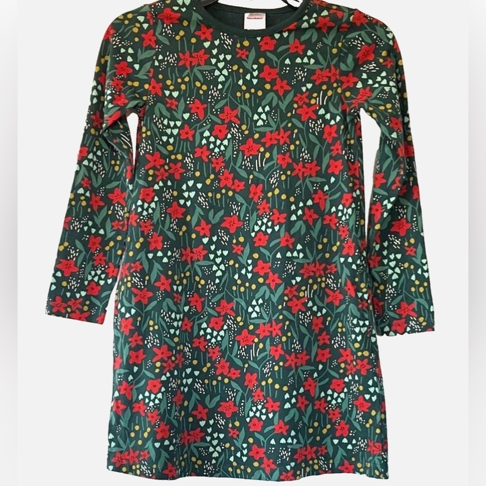 Hanna Andersson Girls Christmas Dress Size 8 Green Red Floral Cotton Holiday